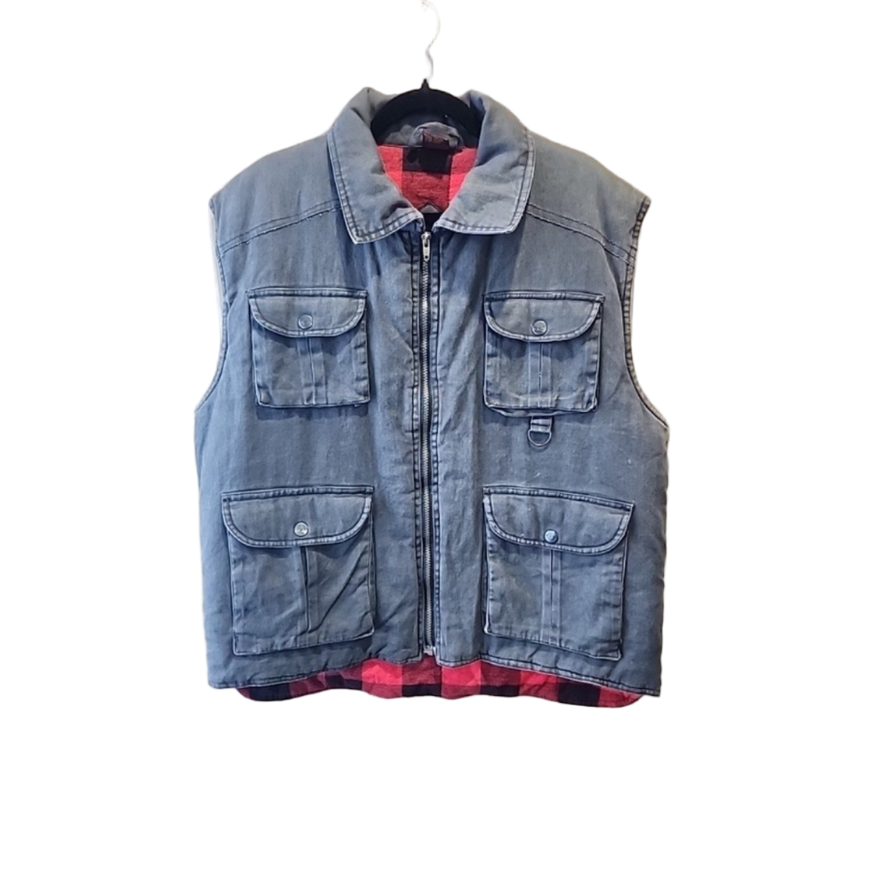Branded Lion Gray Vest Mens XL Insulated Red Plaid Liner EUC